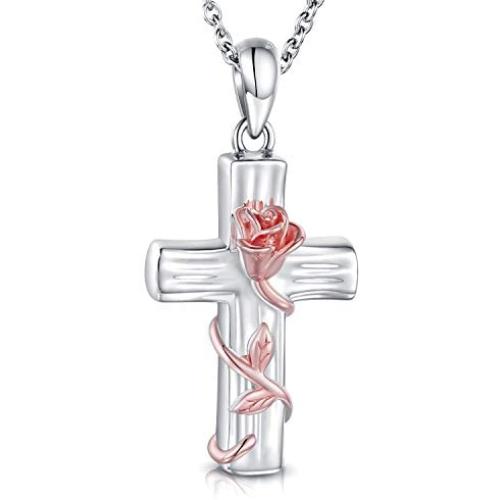 MANBU Sterling Silver Cremation Jewelry - Cross Urn Necklace for Ashes Rose Gold Flower Vine Ash Keepsake Pendant, Women Memorial Bereavement Gifts for Loss of a Loved One