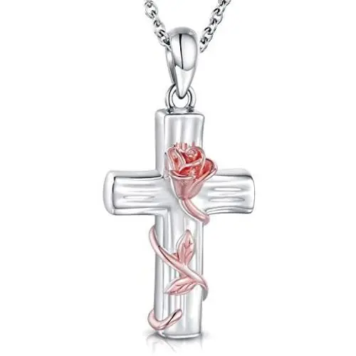 MANBU Sterling Silver Cremation Jewelry - Cross Urn Necklace for Ashes Rose Gold Flower Vine Ash Keepsake Pendant, Women Memorial Bereavement Gifts for Loss of a Loved One MANBU Sterling Silver Cremation Jewelry - Cross Urn Necklace for Ashes Rose Gold Flower Vine Ash Keepsake Pendant, Women Memorial Bereavement Gifts for Loss of a Loved One