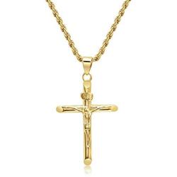 DTLA 14K Gold Plated INRI Crucifix Pendant 2mm Rope Chain Necklace - Choose Chain Length