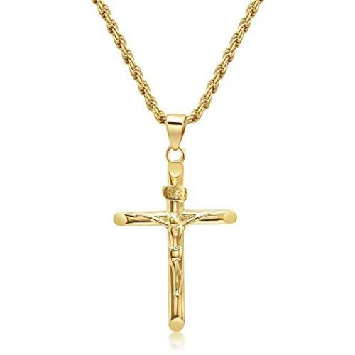 DTLA 14K Gold Plated INRI Crucifix Pendant 2mm Rope Chain Necklace - Choose Chain Length