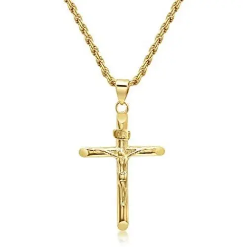 DTLA 14K Gold Plated INRI Crucifix Pendant 2mm Rope Chain Necklace - Choose Chain Length