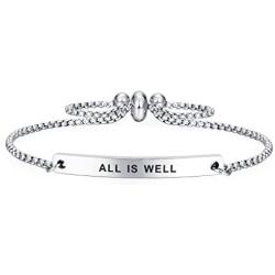 Dainty Cuff Bracelet - ALL IS WELL - Cute Inspirational Words Expandable Bangle Bracelet for Women Girls
