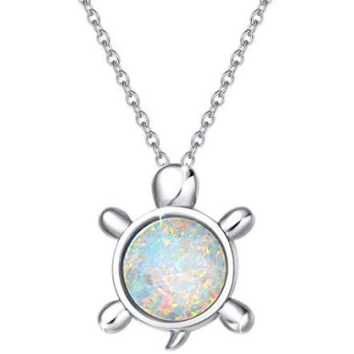 Mothers Day Gifts FANCIME Sterling Silver Cat/Unicorn/Elephant Necklace White Created Opal Cute Pendant Necklace Small Dot Round Disc Fine Jewelry For Women Girls 16+2 inch Extender