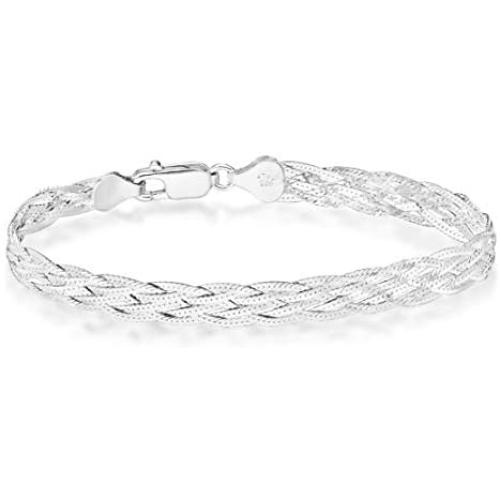 Miabella 925 Sterling Silver Italian 6-Strand Diamond-Cut 7mm Braided Herringbone Chain Bracelet for Women Teen Girls 6.5, 7.25, 8 Inch 925 Italy