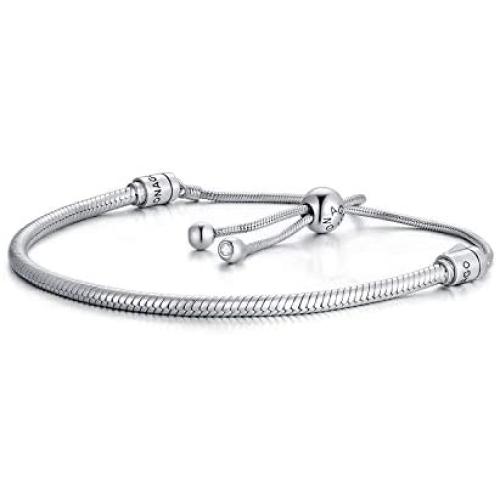 LONAGO Jewelry Moments Slider Snake Chain Charm Bracelet 925 Sterling Silver Sliding Clasp Adjustable Link Fit Pandora Charm Bead Birthday Gift for Women Mom