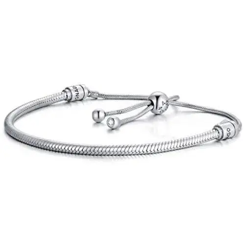 LONAGO Jewelry Moments Slider Snake Chain Charm Bracelet 925 Sterling Silver Sliding Clasp Adjustable Link Fit Pandora Charm Bead Birthday Gift for Women Mom