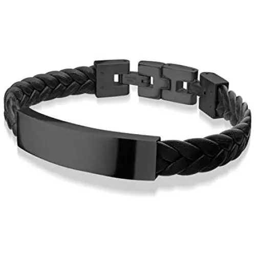 555Jewelry Stainless Steel Plate Braided Leather Lock Clasp Bangle Cuff Bracelet