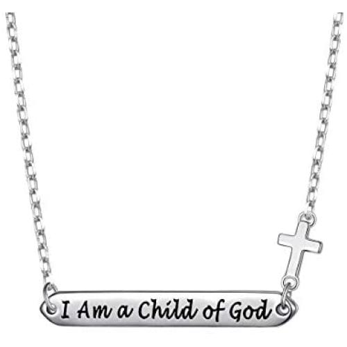 JZMSJF 925 Sterling Silver Faith I Am a Child of God Bar Pendant Necklace with Little Cross Jewelry Gifts for Women Adults