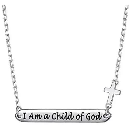 JZMSJF 925 Sterling Silver Faith I Am a Child of God Bar Pendant Necklace with Little Cross Jewelry Gifts for Women Adults
