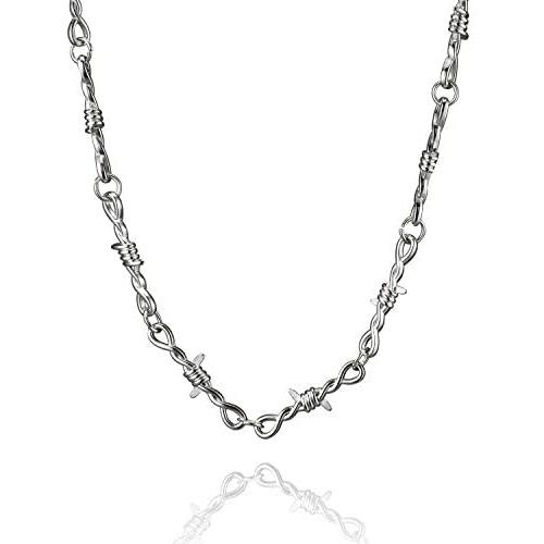 KDIZI Eboy Chains Punk Style Barbed Wire Necklace for Men Silver 20 Inches