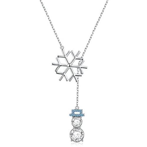 LINLIN FINE JEWELRY 925 Sterling Silver CZ Snowflake Cute Snowman Y-Shaped Lariat Necklace for Women Girls,20''