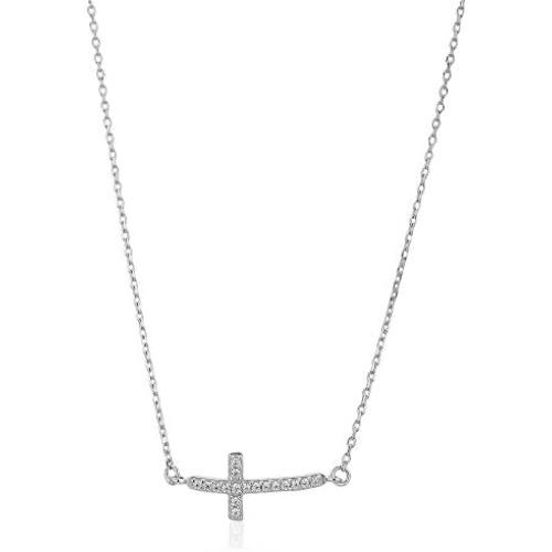 Vanbelle Sterling Silver Jewelry Sideway Cross Necklace with Cubic Zirconia Stones and Rhodium Plated for Women and Girls