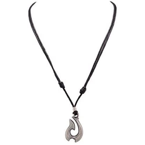 BlueRica Tribal Hook Pendant on Adjustable Black Rope Cord Necklace (Old Silver)