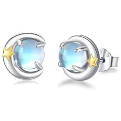 Moonstone Earrings for Women,Star/Evil Eye/Moon Star/Penguin S925 Sterling Silver Hypoallergenic 5mm Moonstone Stud Animal Minimalist Earrings for Sensitive Ears Gift for Lover