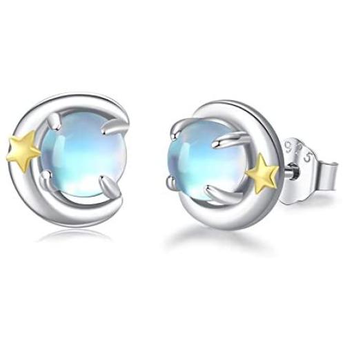 Moonstone Earrings for Women,Star/Evil Eye/Moon Star/Penguin S925 Sterling Silver Hypoallergenic 5mm Moonstone Stud Animal Minimalist Earrings for Sensitive Ears Gift for Lover