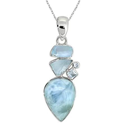YoTreasure 2'' Larimar Raw Blue Topaz Solid 925 Sterling Silver Chain Pendant