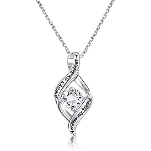 Sllaiss Sterling Silver Engraved “Always My Sister Forever My Friend” Zirconia Pendant Necklace for Women Girls, Sister’s/Friends’ Birthday Gifts, Set with Swarovski Zirconia
