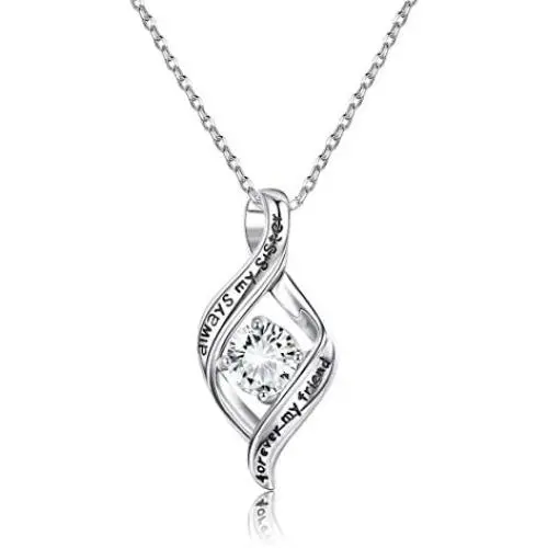 Sllaiss Sterling Silver Engraved “Always My Sister Forever My Friend” Zirconia Pendant Necklace for Women Girls, Sister’s/Friends’ Birthday Gifts, Set with Swarovski Zirconia