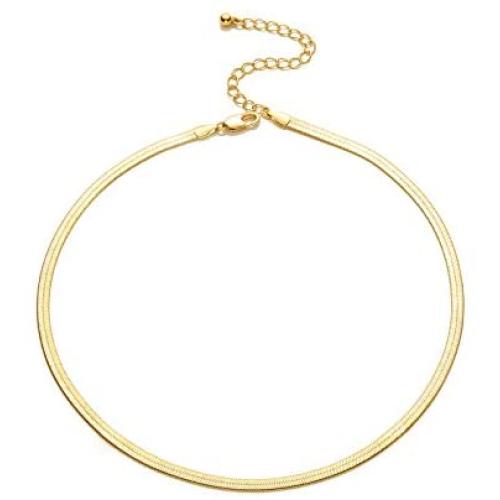 Gold Choker Chain Necklace for Women: 14k Gold Plated Dainty Snake Chain Tiny Disc Charm Herringbone Jewelry Teen Girls Gifts