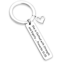 TOGON Christian Keychain She is Clothed with Strength and Dignity Proverbs 31:25 Religious Keychain Faith Jewelry Inspirational Gift for Her