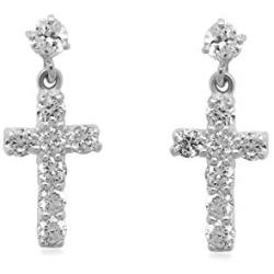 Jewelili 10K White Gold 2MM and 3MM Swarovski White Cubic Zirconia Cross Dangle Earrings