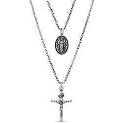 Steve Madden 28'' Oxidized Stainless Steel Box Chain Cross and Marie Concue Sans Peche Oval Medallion Duo Pendant Necklace For Men