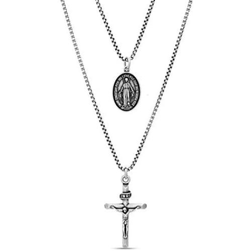 Steve Madden 28'' Oxidized Stainless Steel Box Chain Cross and Marie Concue Sans Peche Oval Medallion Duo Pendant Necklace For Men