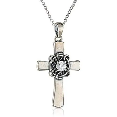 Oxidized 925 Sterling Silver Gemstone with Celtic Knot Cross Pendant, 18''