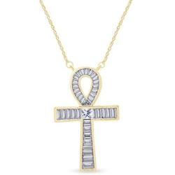 925 Sterling Silver Egyptian Ankh Baguette CZ Cross Pendant Necklace