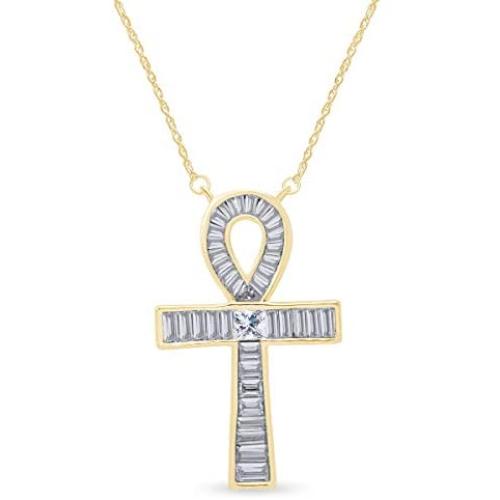 925 Sterling Silver Egyptian Ankh Baguette CZ Cross Pendant Necklace