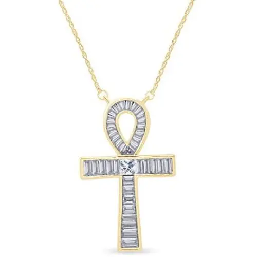 925 Sterling Silver Egyptian Ankh Baguette CZ Cross Pendant Necklace 925 Sterling Silver Egyptian Ankh Baguette CZ Cross Pendant Necklace