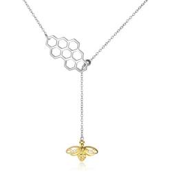 Bee Necklace Sterling Silver Gold Plated Geometric Honeycomb Bumble Bee Y-Necklace Beehive and Bee Pendant Necklace