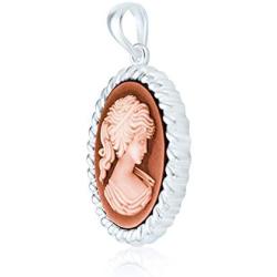 Vintage Style Simulated Red Coral Rose Pink Peach Craved Oval Victorian Lady Maiden Cameo Necklace Pendant For Women 925 Sterling Silver Cable Frame Portrait
