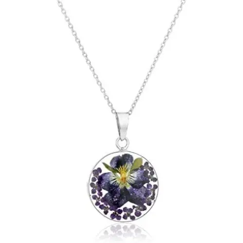 Sterling Silver Pressed Flower Round Pendant Necklace, 16'' Sterling Silver Pressed Flower Round Pendant Necklace, 16''
