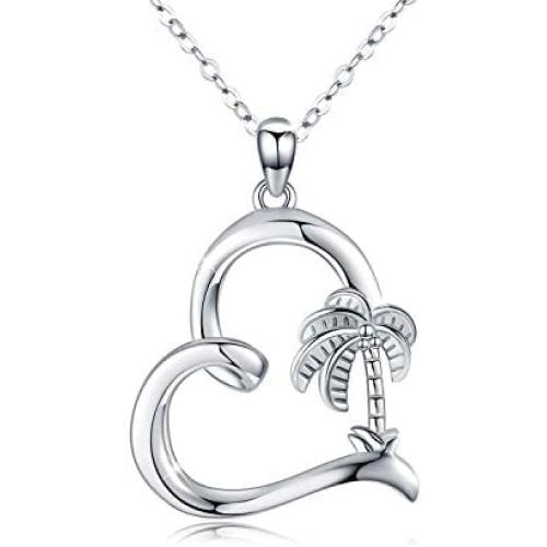 MEDWISE S925 Sterling Silver Summer Palm Tree Necklace Pendant Beach Necklace Jewelry for Women Heart Coconut Areca Tree Necklace Gifts