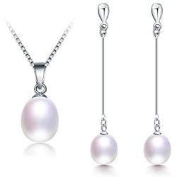 Freshwater Cultured Genuine Pearls Jewelry Set with Necklace & Long Water Drop Earrings by DIAMOVI - 925 Sterling Silver Plated -Stunning Wedding Bridal Jewelry-Luxury Style- (White)