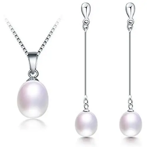 Freshwater Cultured Genuine Pearls Jewelry Set with Necklace & Long Water Drop Earrings by DIAMOVI - 925 Sterling Silver Plated -Stunning Wedding Bridal Jewelry-Luxury Style- (White) Freshwater Cultured Genuine Pearls Jewelry Set with Necklace & Long Water Drop Earrings by DIAMOVI - 925 Sterling Silver Plated -Stunning Wedding Bridal Jewelry-Luxury Style- (White)