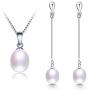 Freshwater Cultured Genuine Pearls Jewelry Set with Necklace & Long Water Drop Earrings by DIAMOVI - 925 Sterling Silver Plated -Stunning Wedding Bridal Jewelry-Luxury Style- (White)