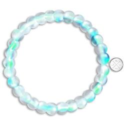 LIFE TOKEN Shimmer Beads 8mm Glowing Glass Mermaid Moonstone Stretch Bracelet for Women Light Mystic Aqua Blue Rainbow