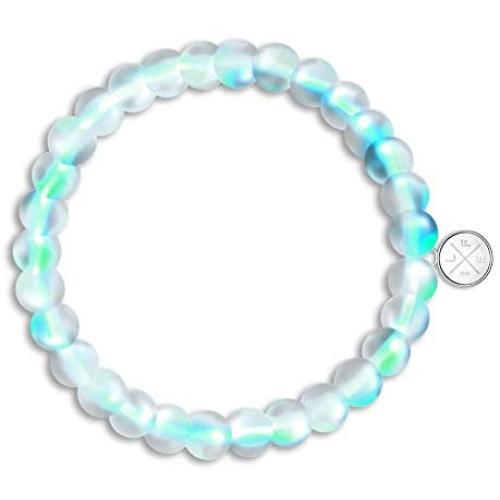 LIFE TOKEN Shimmer Beads 8mm Glowing Glass Mermaid Moonstone Stretch Bracelet for Women Light Mystic Aqua Blue Rainbow
