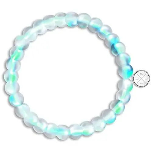 LIFE TOKEN Shimmer Beads 8mm Glowing Glass Mermaid Moonstone Stretch Bracelet for Women Light Mystic Aqua Blue Rainbow