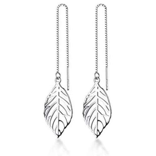 SLUYNZ 925 Sterling Silver Leaf Dangle Earrings for Women Teen Girls Leaf Earring Threader Chain