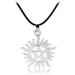 RUIZHEN Silver Supernatural Star Pentacle Pentagram Sun Pendant Men Necklace Wicca Pagan Jewelry Leather Rope Chain