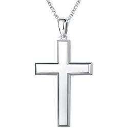 FANCIME White Gold Plated 925 Solid Sterling Silver High Polished Mens Big Large Cross Crucifix Pendant Long Necklace Fine Jewelry For Men Father Boyfriend, 20-INCH