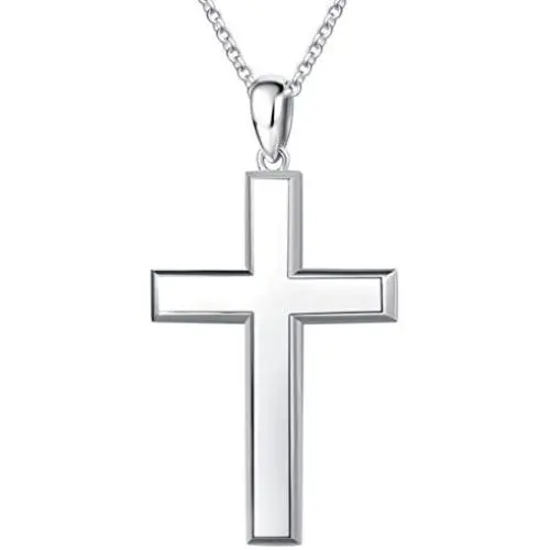 FANCIME White Gold Plated 925 Solid Sterling Silver High Polished Mens Big Large Cross Crucifix Pendant Long Necklace Fine Jewelry For Men Father Boyfriend, 20-INCH