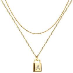 A-Z Initial Letters Pendant Lock Necklace Yellow 18K Gold Plated Alphabet Name Necklace Personalized Dainty Charms Double Multilayer Necklace Bead Chain Choker Necklace Jewelry Gift for Women or Girls