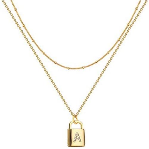 A-Z Initial Letters Pendant Lock Necklace Yellow 18K Gold Plated Alphabet Name Necklace Personalized Dainty Charms Double Multilayer Necklace Bead Chain Choker Necklace Jewelry Gift for Women or Girls