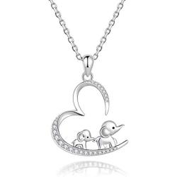 925 Sterling Silver Lucky Elephant Mother Daughter Open Heart Pendant Necklace Jewelry Gift for Women Girls Mom