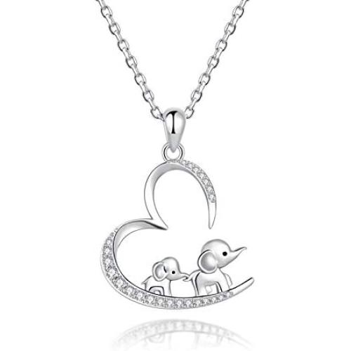 925 Sterling Silver Lucky Elephant Mother Daughter Open Heart Pendant Necklace Jewelry Gift for Women Girls Mom