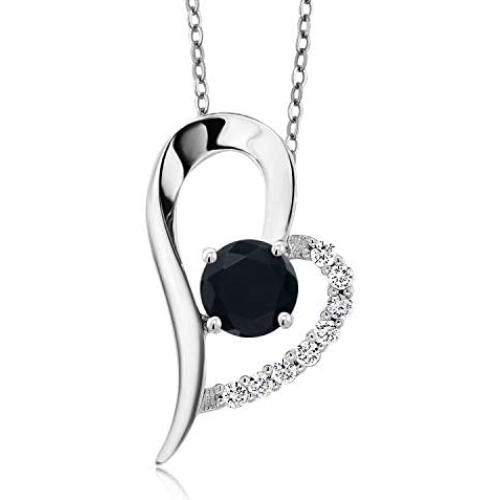 Gem Stone King 925 Sterling Silver Black Onyx Pendant Necklace For Women (0.92 Ct Round Gemstone Birthstone with 18 Inch Chain)